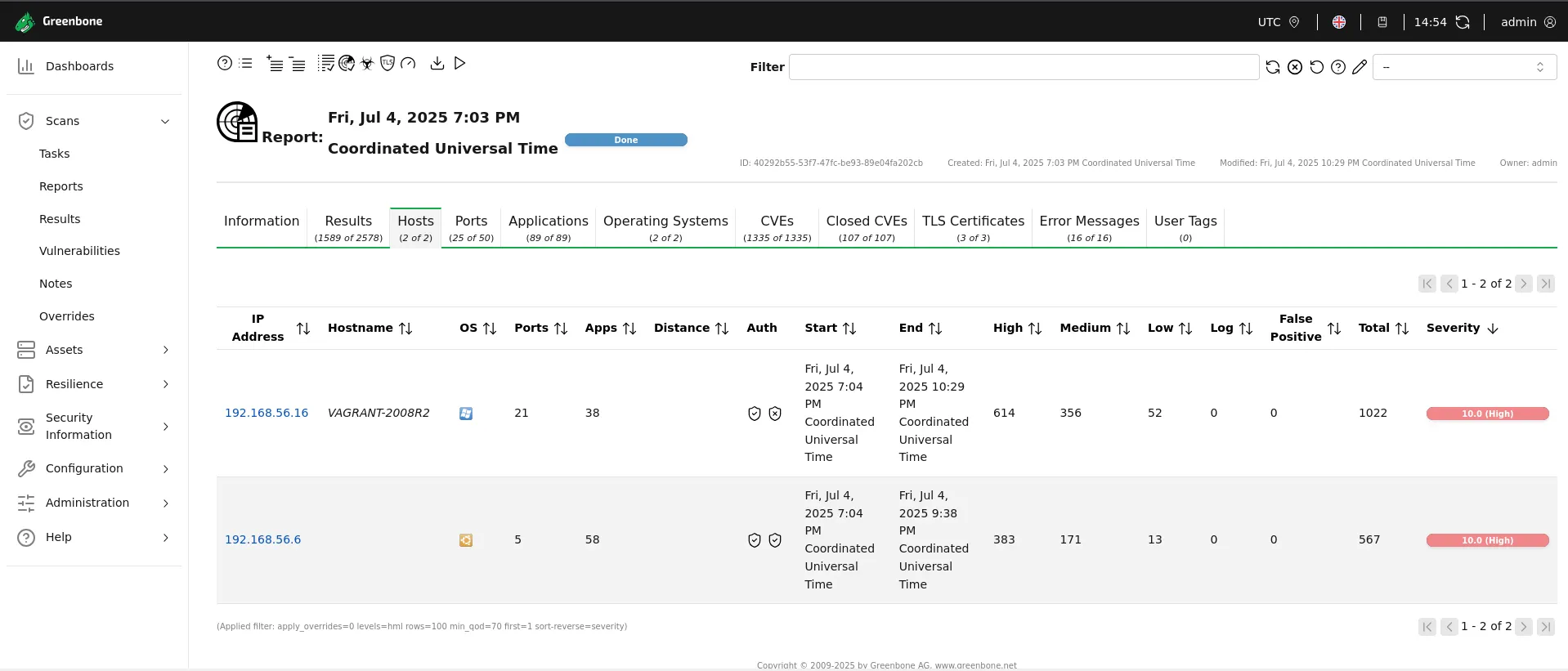 Authenticated scan with OpenVAS — Hosts view