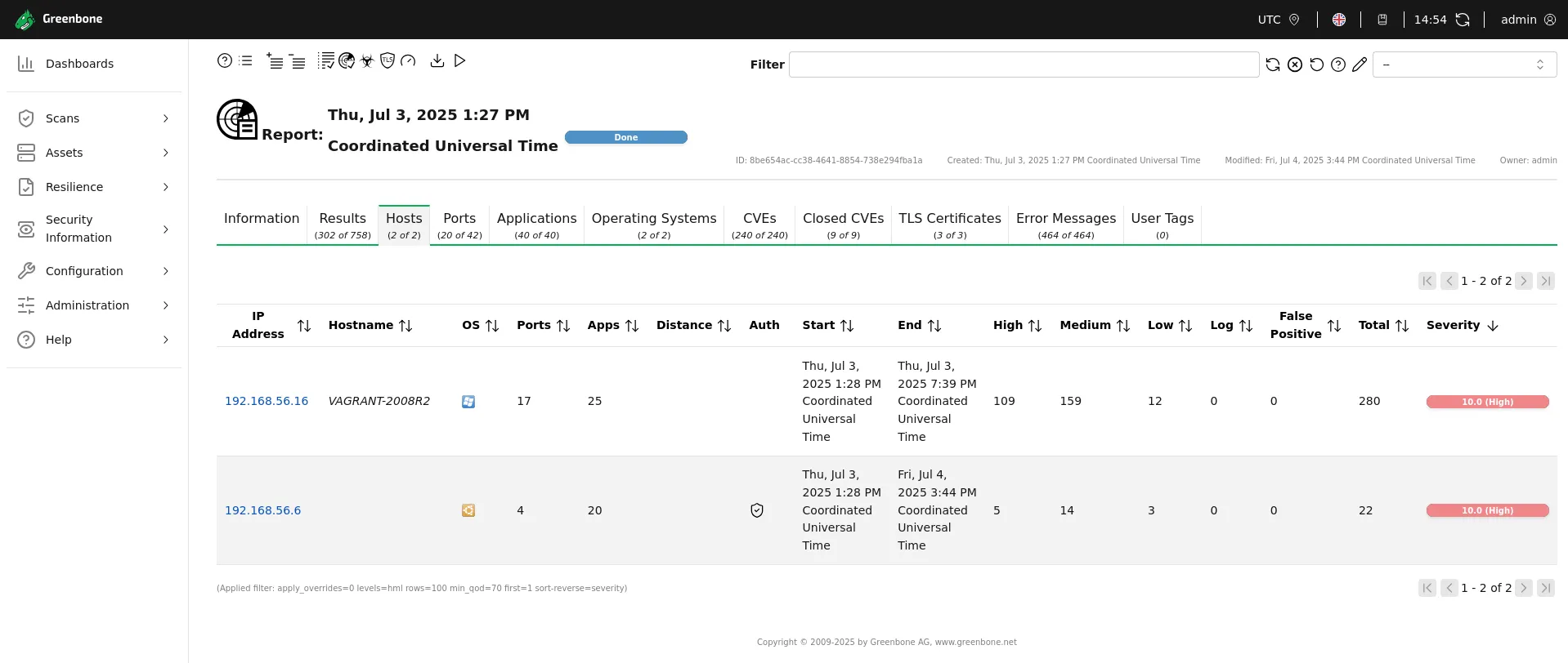 Non-authenticated scan with OpenVAS — Hosts view