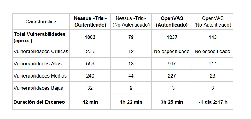 Summary table with the number of vulnerabilities detected